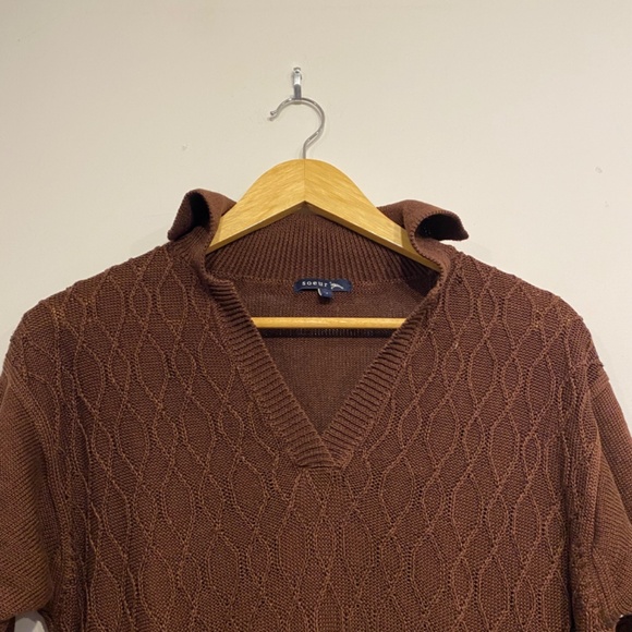 Soeur Tiloup Chocolate Brown Collared Cable Knit Old Money Short Sleeve Sweater - Picture 6 of 7